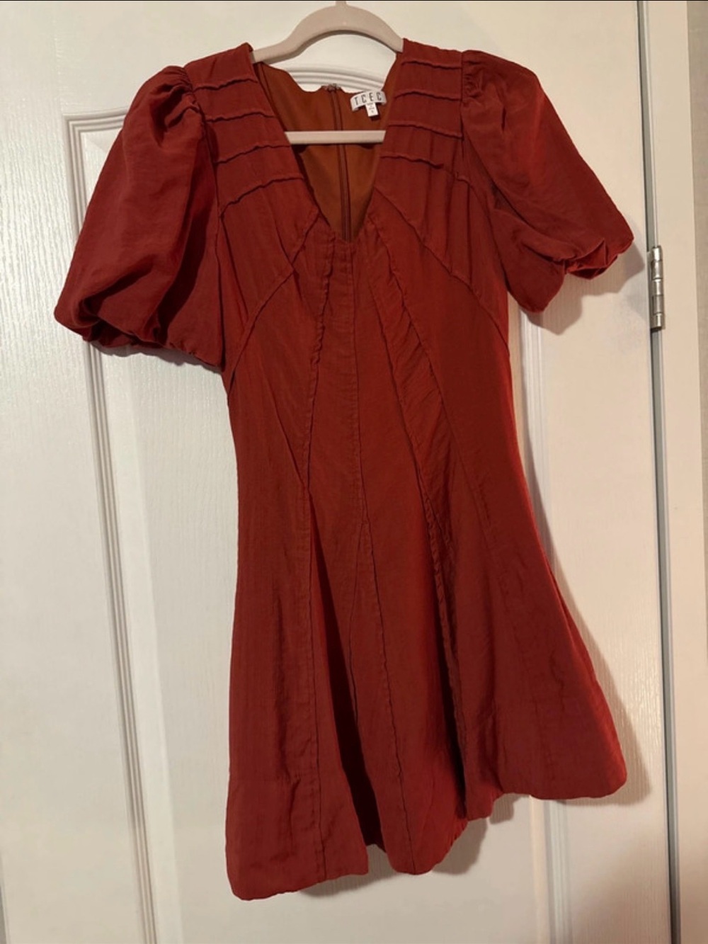 TCEC Rust Red Puff-Sleeve Mini Dress